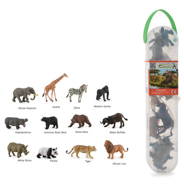 Collection of toy animal figures with a carrying case on a white background