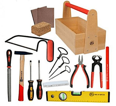 Set of tools including a wooden toolbox, hammers, screwdrivers, pliers, and a level on a white background.
