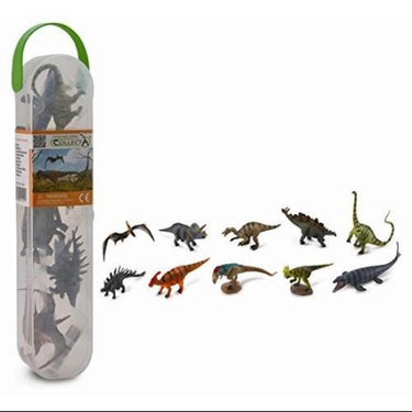 Set of dinosaur figurines with a carrying case on a white background