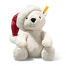 Plush polar bear toy wearing a red Santa hat on a white background