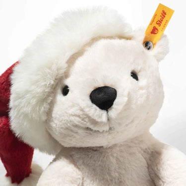 White teddy bear with a red scarf and yellow tag on a white background