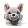 Plush bulldog toy with a visible brand tag on a white background