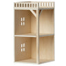 Wooden dollhouse with a balcony on a white background