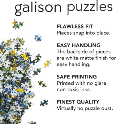 Galison puzzles advertisement with puzzle pieces and text about product features.