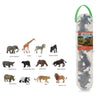 Collection of toy animal figures with a carrying case on a white background