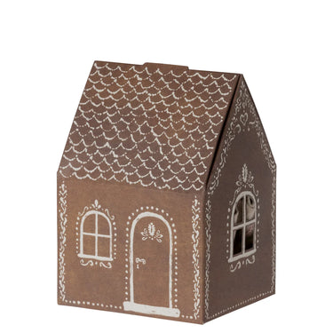 Gingerbread House-shaped box with decorative elements on a white background