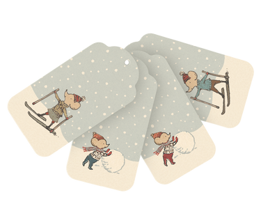 Set of four Christmas-themed coasters with illustrations of a mouse skiing, snowboarding, and making a snowman on a white background.