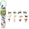 Collection of toy farm animals in a clear tube with labels on a white background