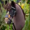 Hobby horse toy with bridle in a grassy field