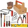 Set of tools including a wooden toolbox, hammers, screwdrivers, pliers, and a level on a white background.