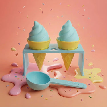 A pastel-colored play dough set featuring two soft-serve ice cream cones in yellow cones on a light blue stand, with a matching scoop and melting pink and yellow ice cream puddles on a peach background.