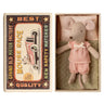Stuffed mouse toy in a matchbox with a vintage-style label