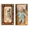 Stuffed mouse toy in a matchbox with vintage-style packaging