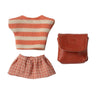 Outfit for a Maileg Little Sister Mouse. Its an orange and white striped top, a check skirt, and reddish brown backpack on a white background