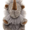 A plush stuffed animal shaped like a lion with a gray furry body, brown horn and paw pads, and small brown ears, photographed on a plain white background.