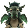 A green plush dragon toy with dark green wings, a beige belly, and brown eyes, photographed against a plain white background.