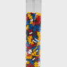 A tube of plastic bricks in Mondrian inspired colours 