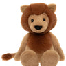 A plush lion toy with a brown mane, tan face and legs, and a small black nose, photographed against a plain white background.