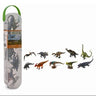 Set of dinosaur figurines with a carrying case on a white background