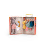Toy mouse with clothes in a display box on a white background with 6 items of clothing to dress her in.