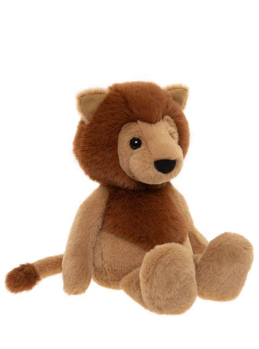 A plush lion toy with a brown mane, tan face and legs, and a black nose, sitting against a plain white background.