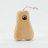 A wooden musical shaker shaped like a pear on a white background