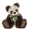 Charlie Bears Absolom, a 41cm chocolate-brown and white plush panda with a green bow at the neck