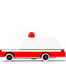 Red and white toy car with a red light on a white background