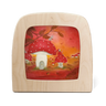 A square wooden Toverlux lamp, featuring a printed illustration of whimsical red-and-white mushrooms in an autumn forest scene, shown on a plain white background.