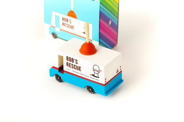 Candylab CANDYCAR® Bob’s Plumbing Van - Solid Beech Wood Toy with Silicone Plunger Topper