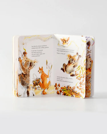 Children's book with animal illustrations on a white background