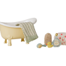 Maileg Bathtub Set Mouse in Yellow, a 10.5cm metal tub with towel, mitt, bath cap, duck, shampoo and hairbrush