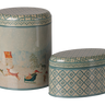 Maileg Metal Box Set - Santa Is Coming, two illustrated Christmas tins standing 20cm high