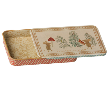 Maileg Metal Box with Sliding Lid - Christmas Mice, second view