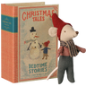 Maileg Christmas Mouse Baby in Book, a baby mouse beside an 11.5cm illustrated book of Christmas tales
