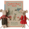 Maileg Christmas Twin Mice, a Little Sister and Brother beside their 16.5cm storybook box