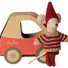 Maileg Christmas Mouse Little Sister, an 11cm cotton mouse in a knitted sweater and Christmas hat, with her car box