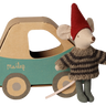 Maileg Christmas Mouse Little Brother, an 11cm cotton mouse in a knitted sweater and red pixy hat, with his car box