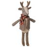 Maileg Reindeer Father, a 20cm linen and cotton reindeer in a faux fur vest and woven scarf, with soft antlers