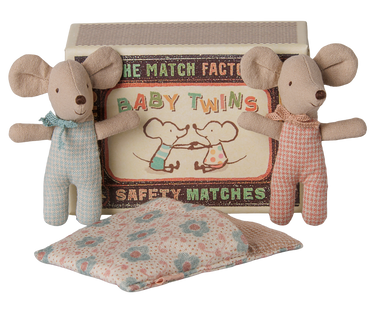 Maileg Twins Baby Mice in Matchbox Checker, two baby. mice with their matchbox and sweet sleeping bag