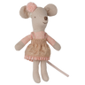 Maileg Driver Mouse Little Sister, a 10cm cotton mouse in a glitter dress and pompom headband