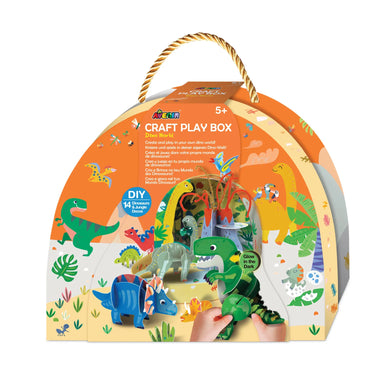A semi circular craft box with 3D cardboard dinosaurs against a white background 