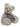 A gray and sparkling furred teddy bear wearing a grey patterned scarf on a white background