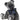 Gray teddy bear with a navy blue bow tie on a white background
