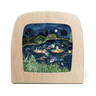 Wooden Toverlux lamp with a painted scene of a pond at night featuring two girls on lily pads with swans, flowers and birds.
