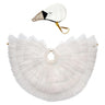 Swan dress up with a tiered white cape and bird head piece on a white background