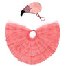 A flamingo dress up of a pink tiered cape and a head piece set on a white background