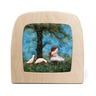 Wooden picture frame with a felted scene of a girl and ducks on a blue background