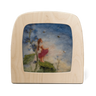 Wooden frame with a small painting of a fairy with bees in a natural setting.