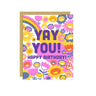 Colorful birthday card with flowers, rainbow, and 'Yay You! Happy Birthday!' text on a white background.